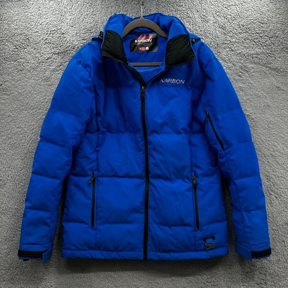 Karbon Mens Medium Blue Down Quilted Hooded Ski Jacket Puffer Winter Coat Medium